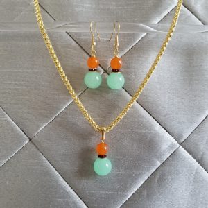 Mint Green Jade & Orange Carnelian Necklace & Earring Set